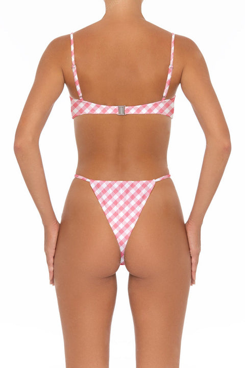 Cheeky pink gingham bottoms with adjustable straps. 