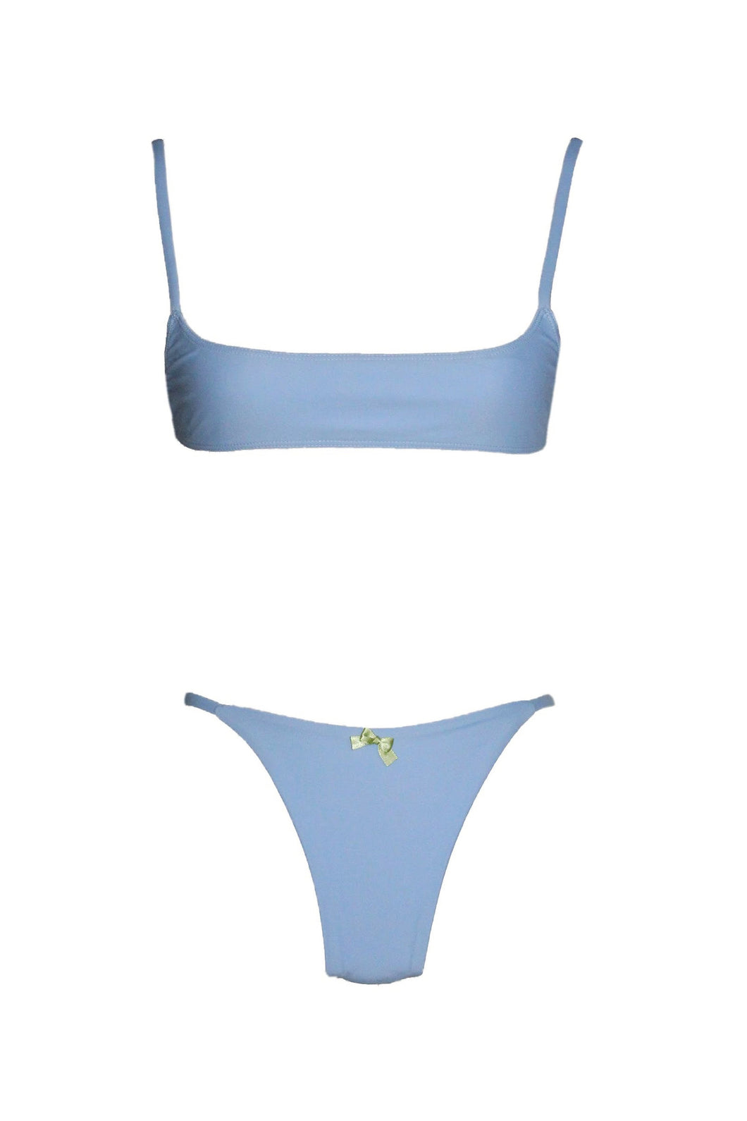Baby blue sports bra bikini top by swimwear company.