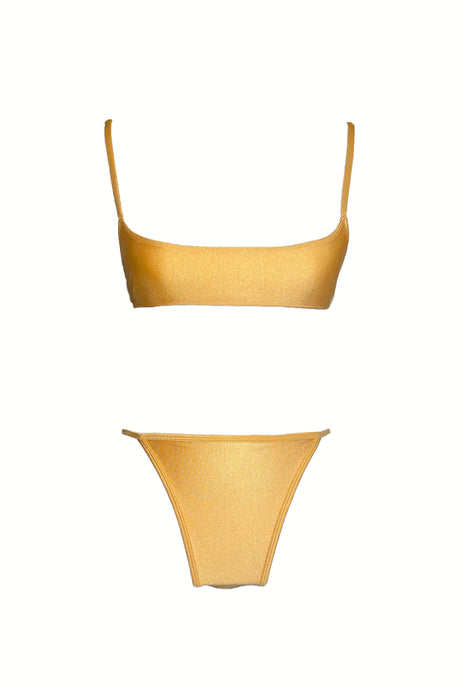 Shimmery yellow bikini top made with recycled material.
