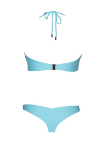 Sustainable blue halter bikini top made with econyl.