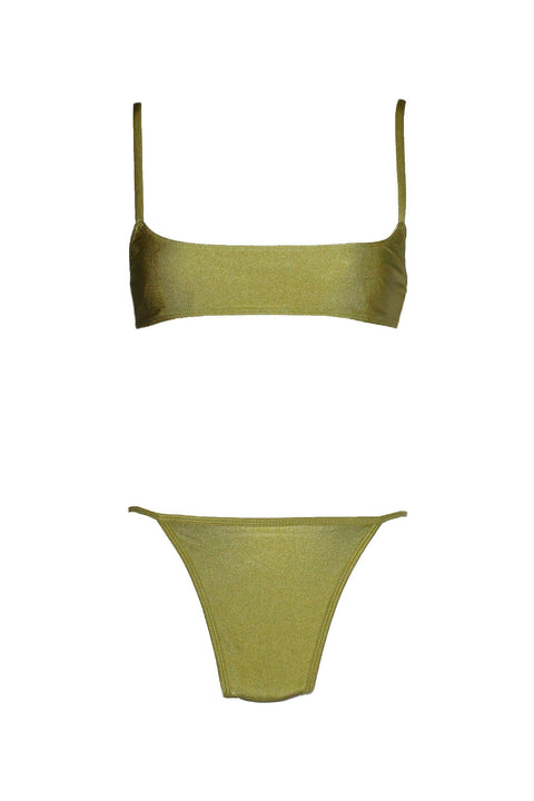 Green scoop bikini top made with sustainable fabric.