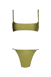 Shimmery green bikini with scoop neck triangl design.