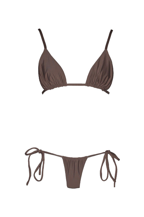 Brown bikini set made with recycled fish nets.